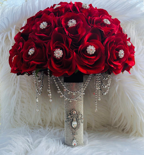 Linda Bouquet | Red Silk Rose Bouquet | Bling Handle Bouquet |Rhinestone Bouquet