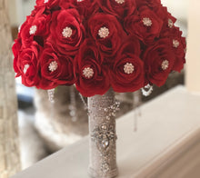 Load image into Gallery viewer, Linda Bouquet | Red Silk Rose Bouquet | Bling Handle Bouquet |Rhinestone Bouquet