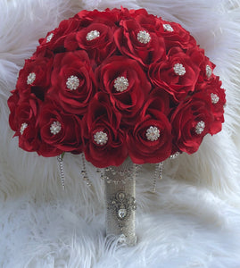 Linda Bouquet | Red Silk Rose Bouquet | Bling Handle Bouquet |Rhinestone Bouquet