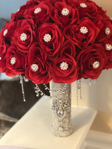 Linda Bouquet | Red Silk Rose Bouquet | Bling Handle Bouquet |Rhinestone Bouquet